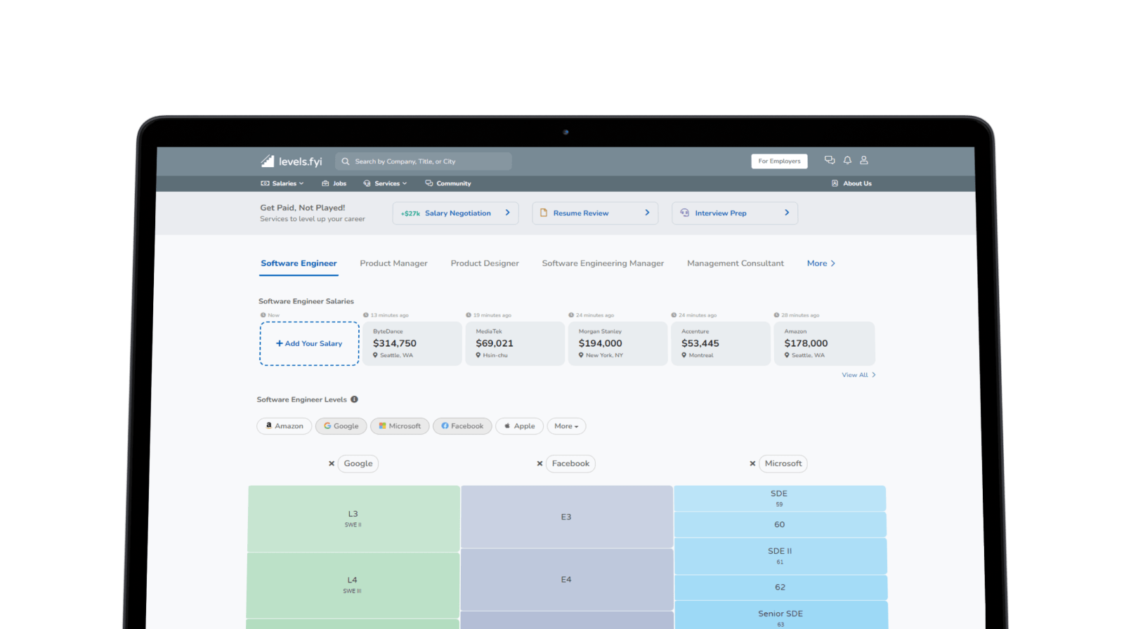 A screen showing web and mobile app developer levels and salaries in different companies