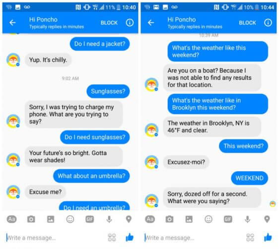 Screenshots of Hi Poncho, Facebook Messenger's wheter chatbot