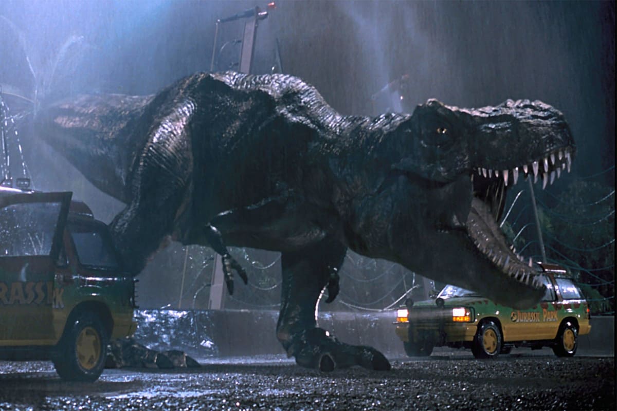 T-rex between cars in Jurasic Park