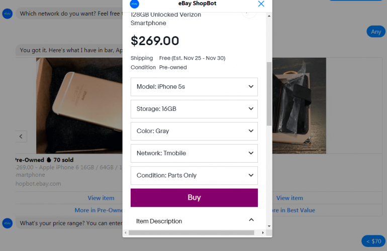 Chat with Ebay bot on Facebook