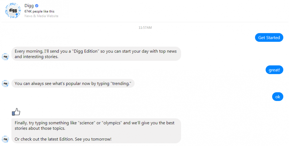Digg bot intro on Facebook