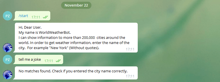WorldWeatherBot doesn`t tell jokes