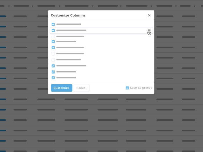 customized columns UI table design 