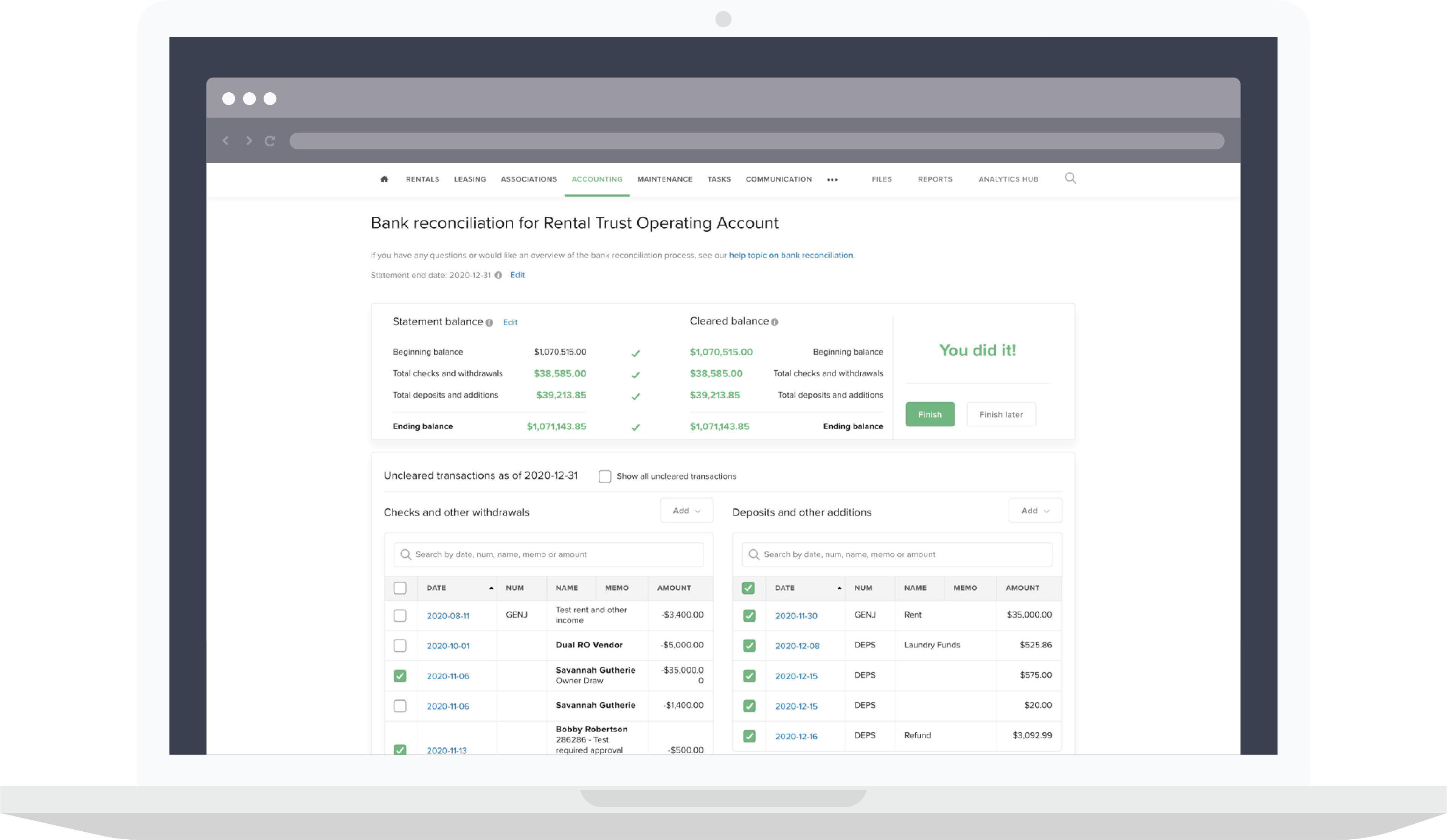 Bank Reconciliation property management