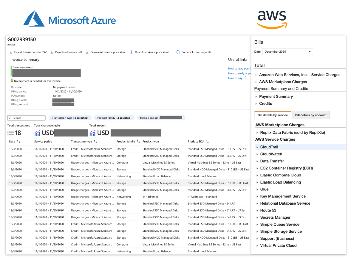 Cloud cost bill comparison between Azure and AWS