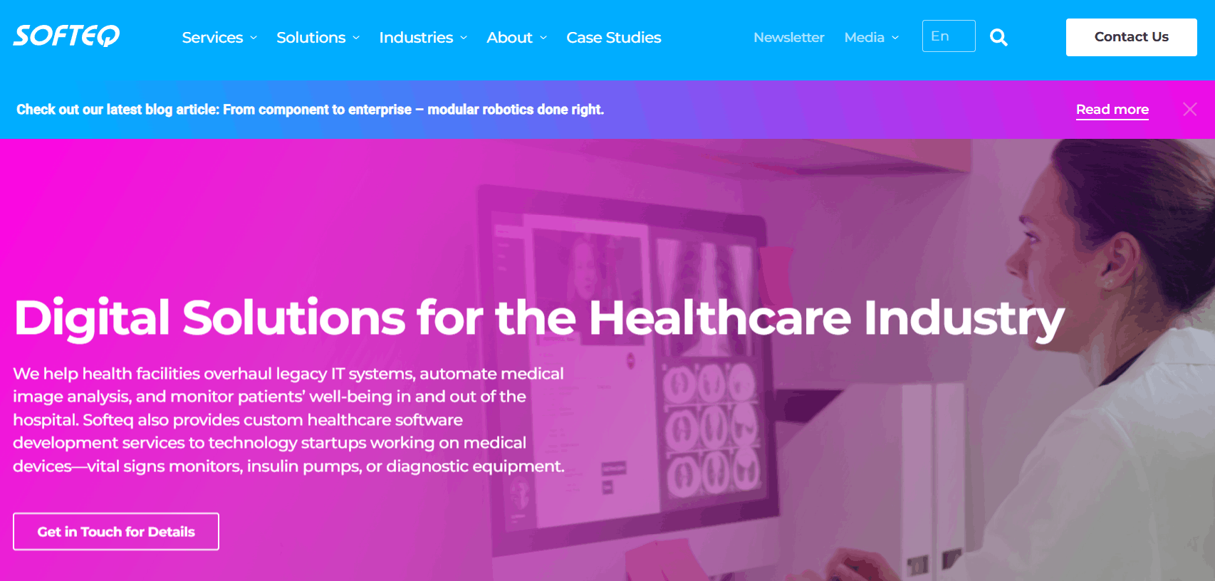 Image showing Softeq's digital solutionws for the healthcare industry landing page