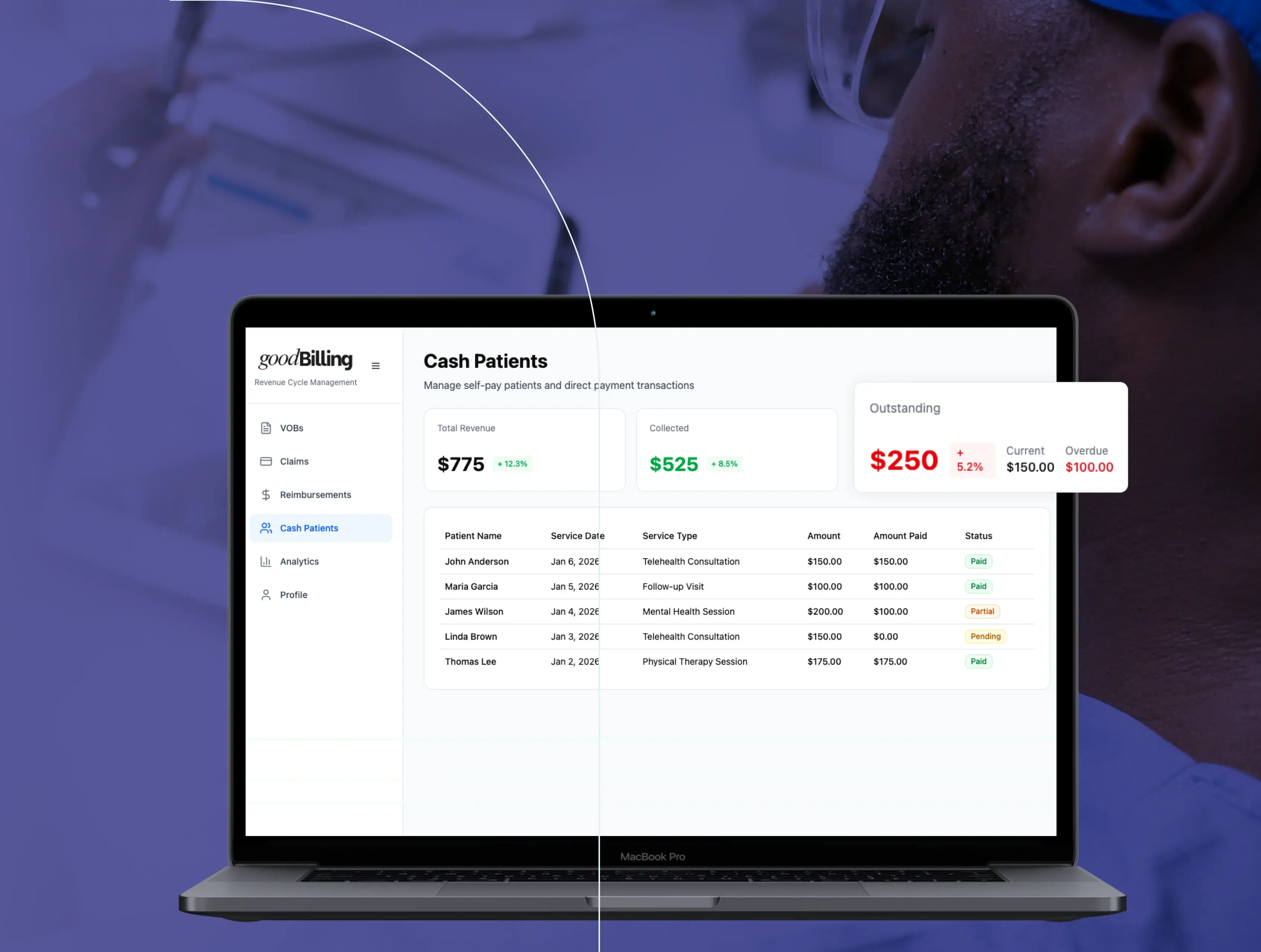 GoodBilling dashboard on a laptop screen